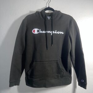 Champion Hoodie Mens Small dark green Script Logo Pullover Sweatshirt Activewear